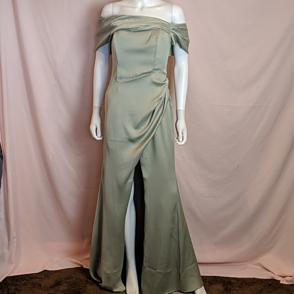 ASOS Satin Bardot Drap Wrap Sage Green Maxi Dress